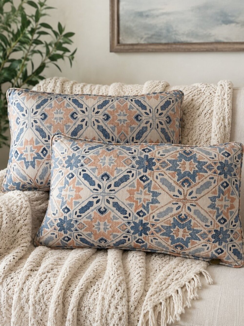 Pier 1 Imports Set of 2 Blue Blush Geometric Lumbar Throw Pillows Boho Coastal